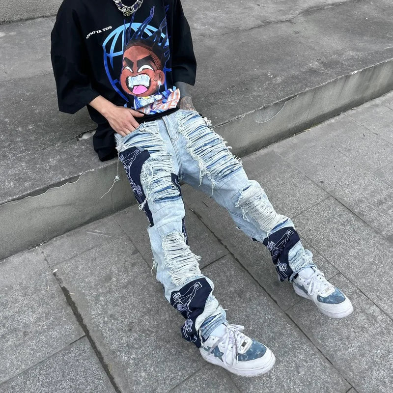 men high street denim jean pants casual loose destroyed ripped holes straight jeans fashion patchwork hip hop streetwear joggers urban active pants