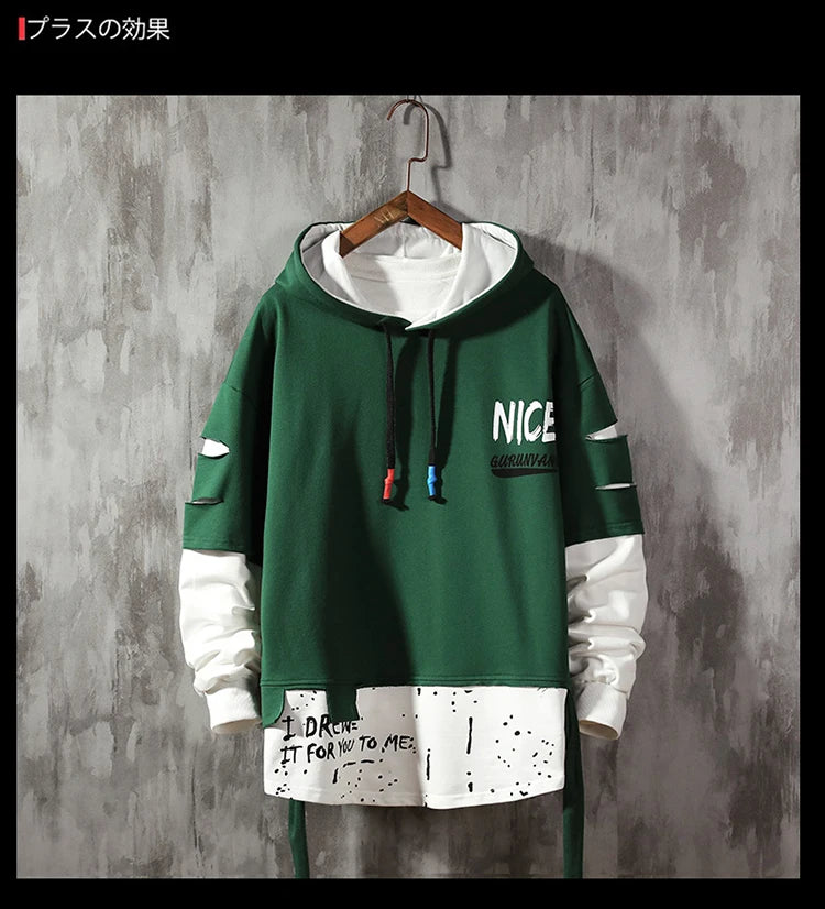 Men Ribben Hooded Sweatshirt Autumn Male Fashion Hoodie Men's Sweatshirts Solid Color Splice Hoodies Street Style Street King Limited