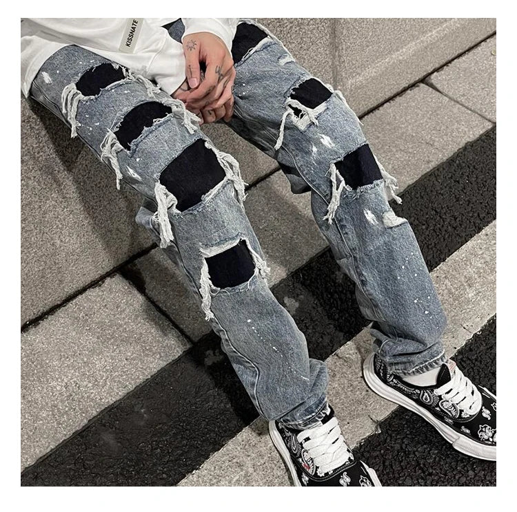men ripped holes denim jean pants hip hip new fashion straight patchwork pants new casual jeans streetwear mens trousers joggers unique joggers style 395