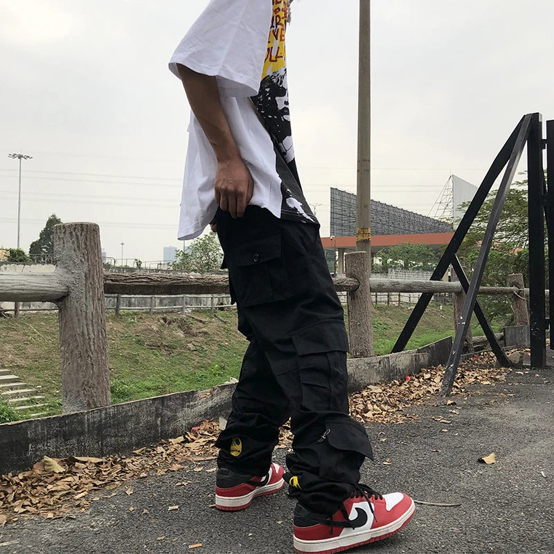 mens high street smilely loose cargo pants casual zipper straight jeans hip hop side pockets loose fit streetwear casual joggers urban active pants