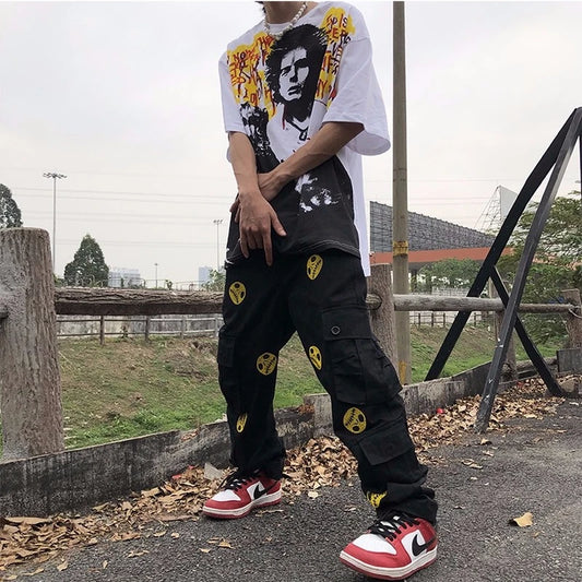 mens high street smilely loose cargo pants casual zipper straight jeans hip hop side pockets loose fit streetwear casual joggers streetwear sweatpants