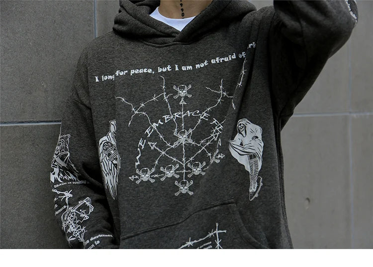 2023 Hip Hop Hoodie Sweatshirt Men Streetwear Skull Graffiti Print Hoodie Pullover Cotton Autumn Grey Harajuku Punk Clothes New Street King Limited