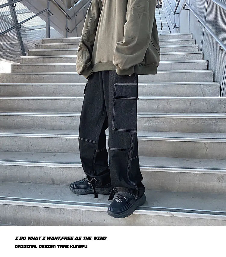 men jeans wide leg denim pants loose straight baggy mens jeans hip hop streetwear skateboard neutral denim trousers cargo jeans unique cargo style 2481