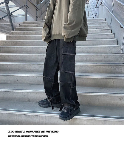 men jeans wide leg denim pants loose straight baggy mens jeans hip hop streetwear skateboard neutral denim trousers cargo jeans unique cargo style 2481