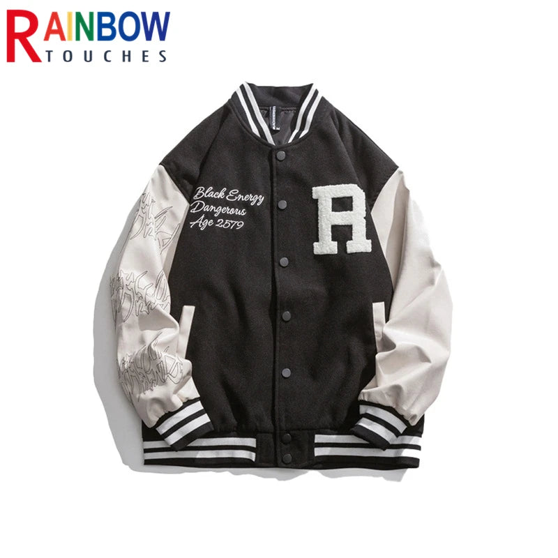 rainbowtouches 2021 jacket unisex street jackets letter embroidered baseball uniform men hip hop mens superior quality coat relaxed fit trousers