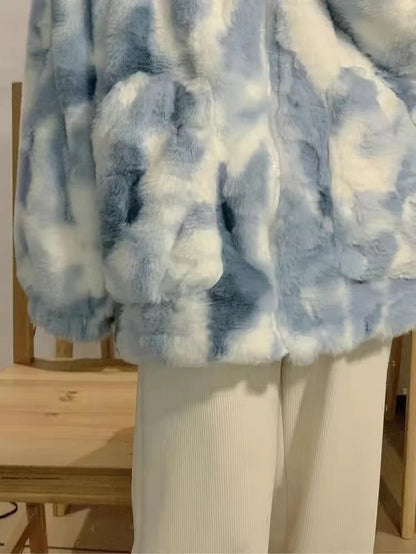 Tie-dyed lamb wool oversized sweater women's fried street high-end sense of warmth couples cotton coat loose lamb plush jacket Street King Limited