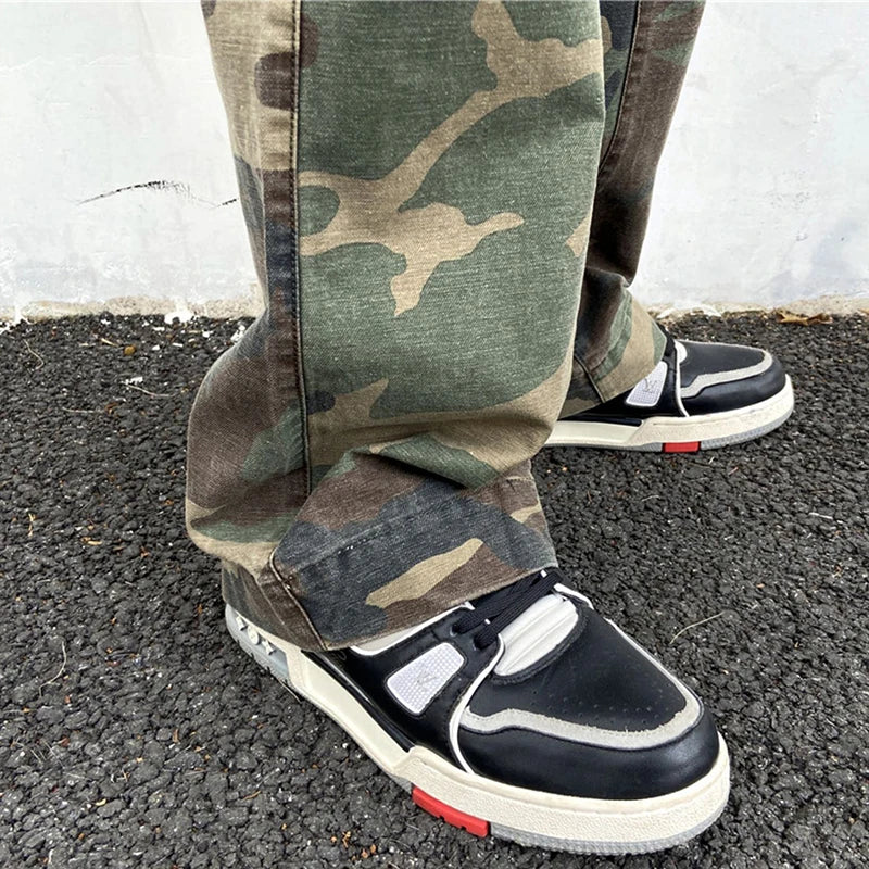 2023 camouflage micro flare pants fashionable streetwear camo cargo pants for male slim fit trousers women baggy casual clothes unique cargo style 2639