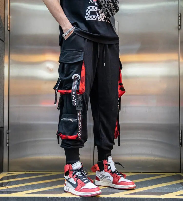 men hip hop black cargo pants joggers sweatpants overalls men ribbons streetwear harem pants women fashions trousers unique joggers style 2504