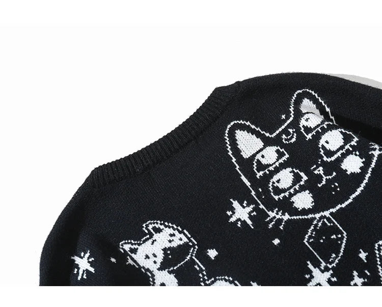 Aolamegs Sweaters Men Japanese Retro Cute Cat O-Neck Jumpers Advanced College Style Fashion Knitted Tops Loose Casual Streetwear Street King Limited