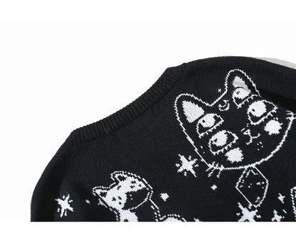 Aolamegs Sweaters Men Japanese Retro Cute Cat O-Neck Jumpers Advanced College Style Fashion Knitted Tops Loose Casual Streetwear Street King Limited