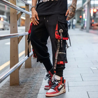 men hip hop black cargo pants joggers sweatpants overalls men ribbons streetwear harem pants women fashions trousers unique joggers style 2503
