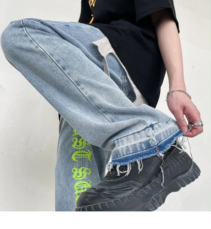 fashion letters embroidery denim flare jeans mens high street elastic waist straight trouser hip hop streetwear pants joggers unique joggers style 3782