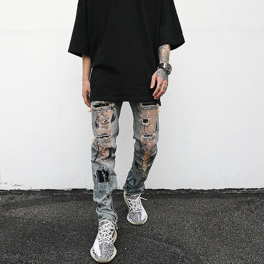 bottom zipper destroyed jeans skinny jeans ripped slim men biker jeans fashion graffiti printed streetwear hip hop pants joggers casual joggers