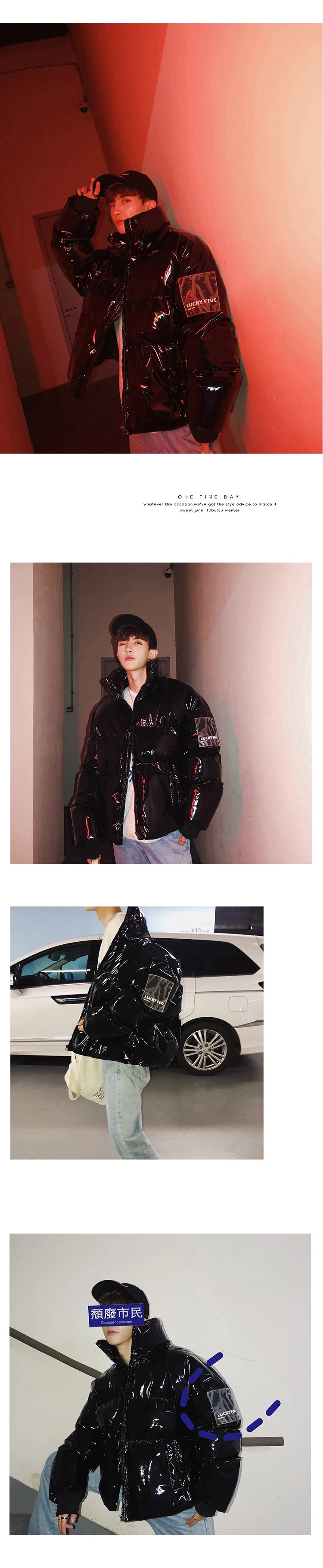 NEW Winter collar loose bright leather fabric jacket wind thick warm coat men women couple purple cotton clothing Street King Limited