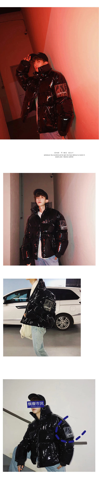 NEW Winter collar loose bright leather fabric jacket wind thick warm coat men women couple purple cotton clothing Street King Limited