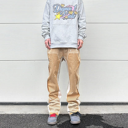 streetwear cleanfit double knee graffiti baggy pants jeans y2k vintage flare denim pants men patchwork patches for women clothes unique jeans style 108