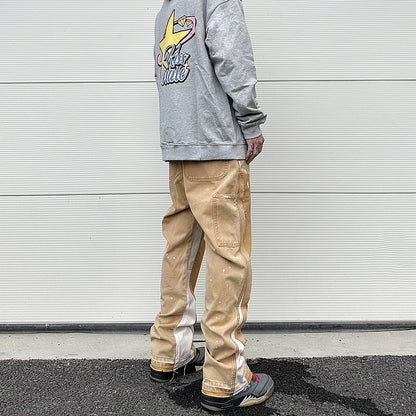 streetwear cleanfit double knee graffiti baggy pants jeans y2k vintage flare denim pants men patchwork patches for women clothes unique jeans style 107