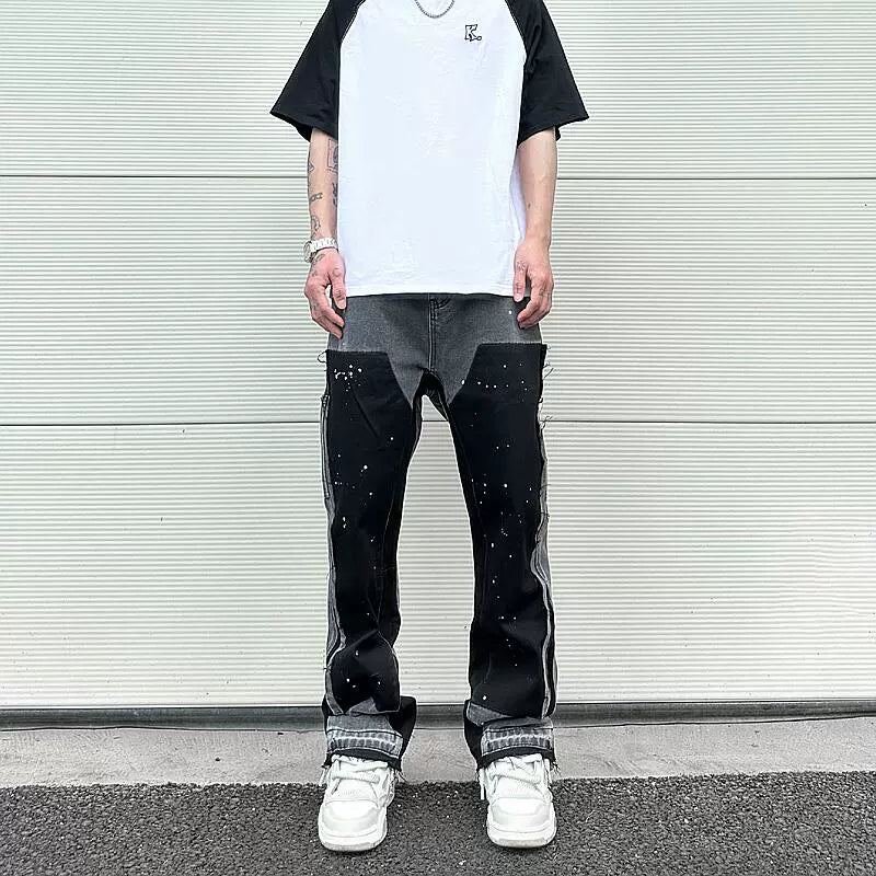 streetwear cleanfit double knee graffiti baggy pants jeans y2k vintage flare denim pants men patchwork patches for women clothes unique jeans style 113