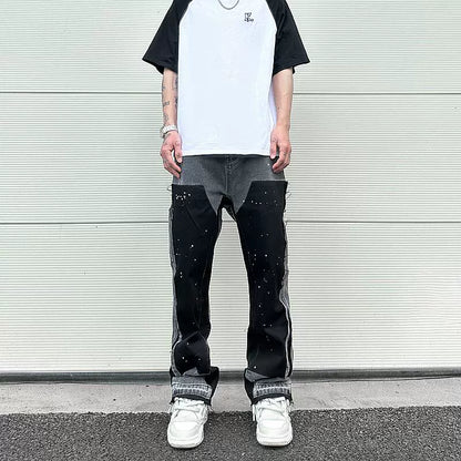 streetwear cleanfit double knee graffiti baggy pants jeans y2k vintage flare denim pants men patchwork patches for women clothes unique jeans style 113