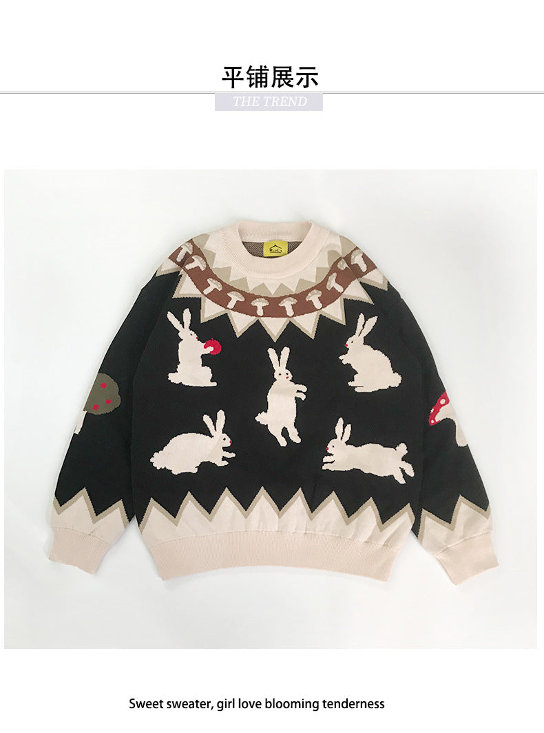 Japanese Knitted Sweater Women Men Cartoon Rabbit Pullover Jumpers Streetwear Hip Hop O-neck Loose Knitwear Sweater Tops Unisex Street King Limited