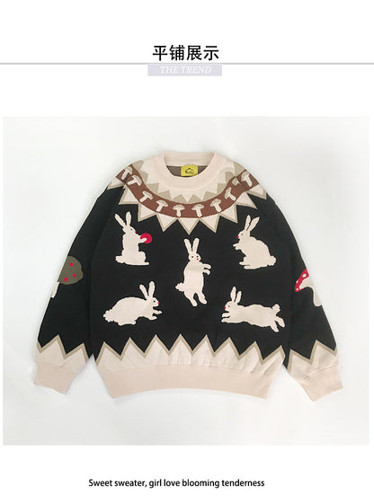 Japanese Knitted Sweater Women Men Cartoon Rabbit Pullover Jumpers Streetwear Hip Hop O-neck Loose Knitwear Sweater Tops Unisex Street King Limited