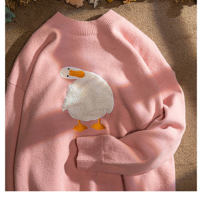 Men Harajuku Sweater Cartoon Duck Goose Embroidery Knitted Pullover Japanese College Style O-Neck Jumper Unisex Spring Autunm Street King Limited