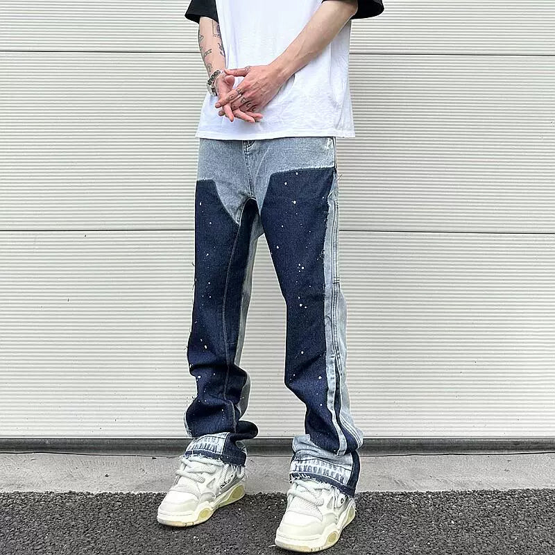 streetwear cleanfit double knee graffiti baggy pants jeans y2k vintage flare denim pants men patchwork patches for women clothes unique jeans style 111