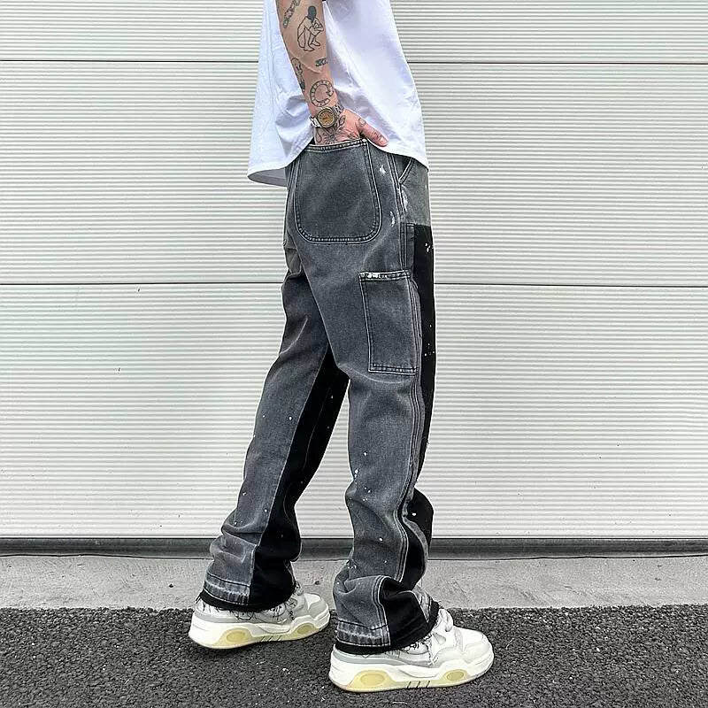 streetwear cleanfit double knee graffiti baggy pants jeans y2k vintage flare denim pants men patchwork patches for women clothes unique jeans style 116