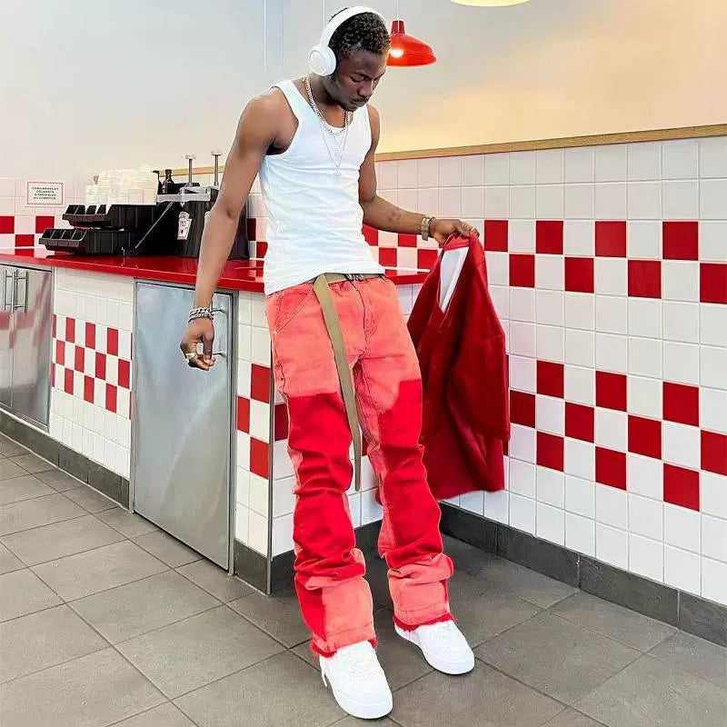 streetwear cleanfit double knee graffiti baggy pants jeans y2k vintage flare denim pants men patchwork patches for women clothes unique jeans style 94