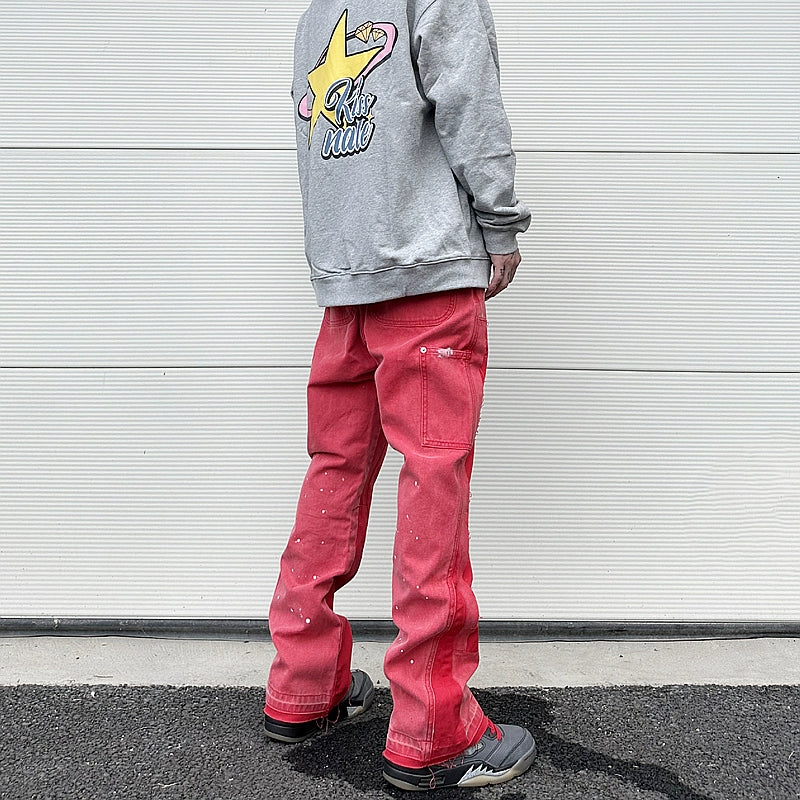 streetwear cleanfit double knee graffiti baggy pants jeans y2k vintage flare denim pants men patchwork patches for women clothes unique jeans style 97