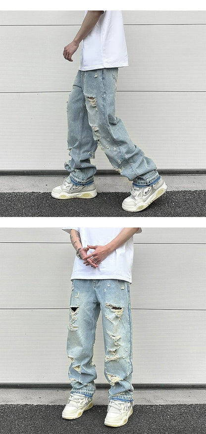 washed blue oversized torn jeans for men streetwear hip hop large destroyed wide leg jeans baggy straight ripped denim pants unique jeans style 4421