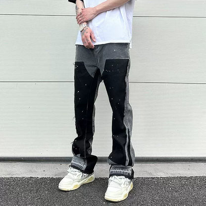 streetwear cleanfit double knee graffiti baggy pants jeans y2k vintage flare denim pants men patchwork patches for women clothes unique jeans style 117