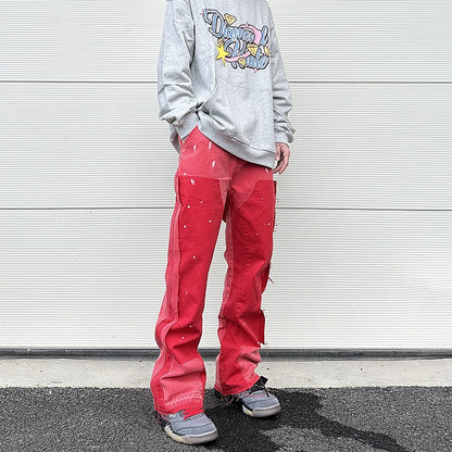 streetwear cleanfit double knee graffiti baggy pants jeans y2k vintage flare denim pants men patchwork patches for women clothes unique jeans style 99