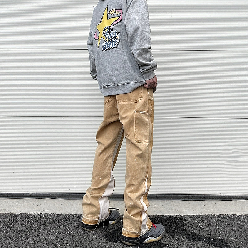 streetwear cleanfit double knee graffiti baggy pants jeans y2k vintage flare denim pants men patchwork patches for women clothes unique jeans style 104