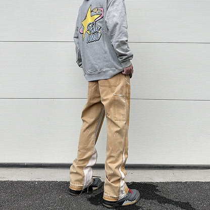 streetwear cleanfit double knee graffiti baggy pants jeans y2k vintage flare denim pants men patchwork patches for women clothes unique jeans style 104