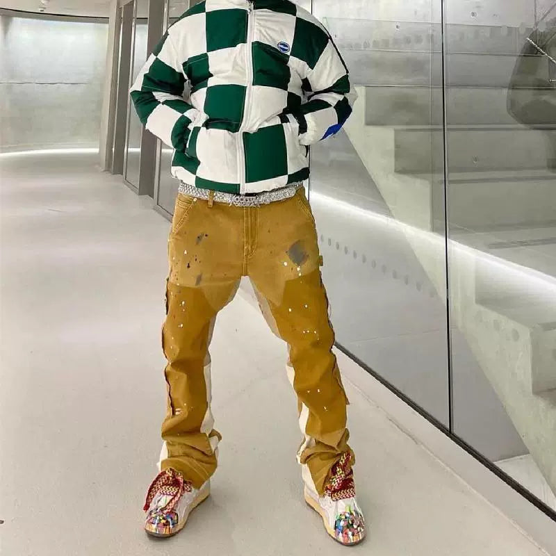streetwear cleanfit double knee graffiti baggy pants jeans y2k vintage flare denim pants men patchwork patches for women clothes unique jeans style 95