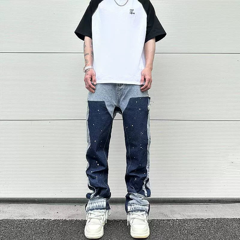 streetwear cleanfit double knee graffiti baggy pants jeans y2k vintage flare denim pants men patchwork patches for women clothes unique jeans style 109