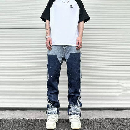 streetwear cleanfit double knee graffiti baggy pants jeans y2k vintage flare denim pants men patchwork patches for women clothes unique jeans style 109