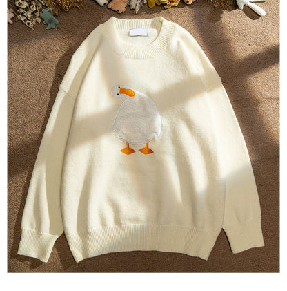 Men Harajuku Sweater Cartoon Duck Goose Embroidery Knitted Pullover Japanese College Style O-Neck Jumper Unisex Spring Autunm Street King Limited