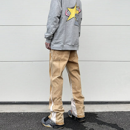 streetwear cleanfit double knee graffiti baggy pants jeans y2k vintage flare denim pants men patchwork patches for women clothes unique jeans style 103