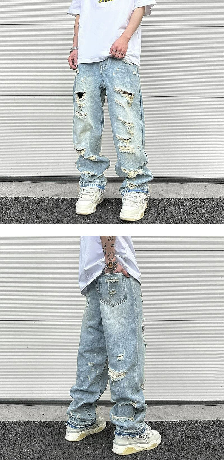 washed blue oversized torn jeans for men streetwear hip hop large destroyed wide leg jeans baggy straight ripped denim pants unique jeans style 4420