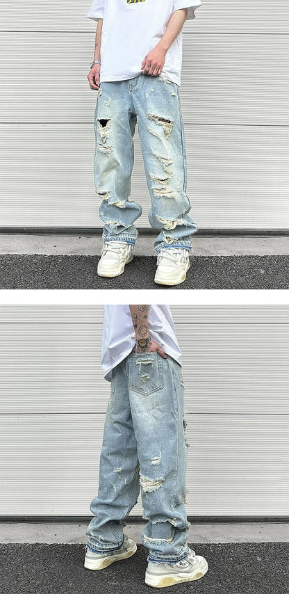 washed blue oversized torn jeans for men streetwear hip hop large destroyed wide leg jeans baggy straight ripped denim pants unique jeans style 4420