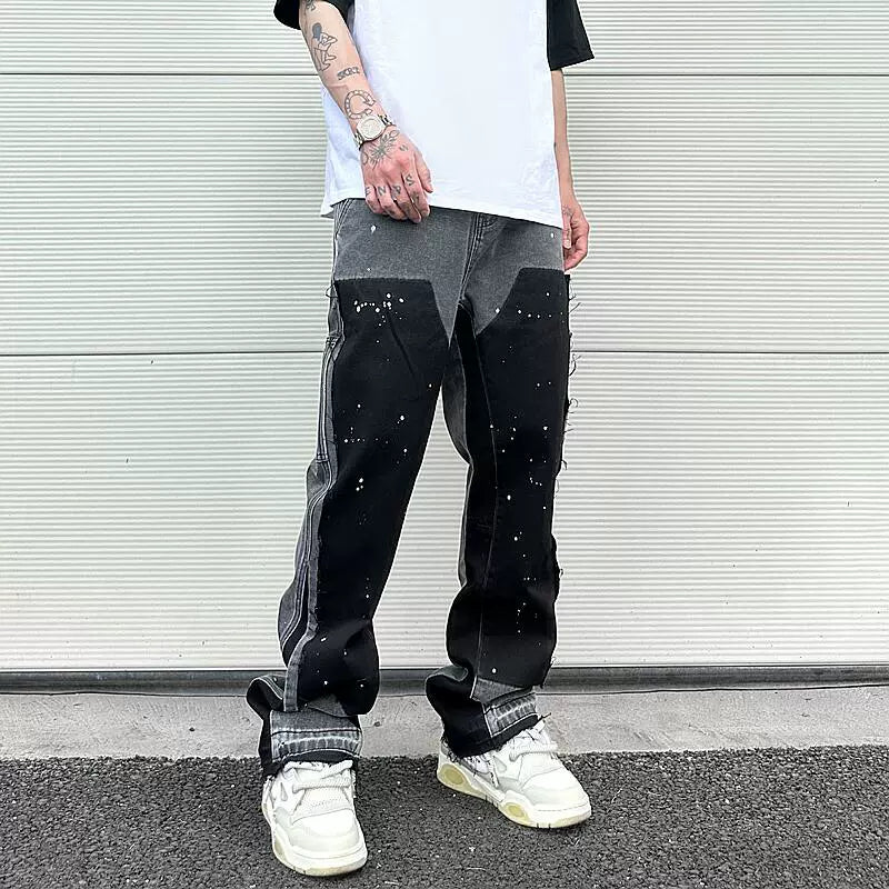 streetwear cleanfit double knee graffiti baggy pants jeans y2k vintage flare denim pants men patchwork patches for women clothes unique jeans style 114