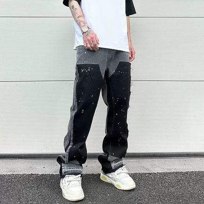 streetwear cleanfit double knee graffiti baggy pants jeans y2k vintage flare denim pants men patchwork patches for women clothes unique jeans style 114