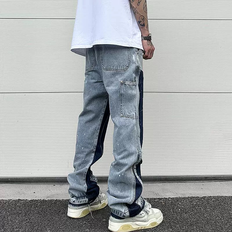 streetwear cleanfit double knee graffiti baggy pants jeans y2k vintage flare denim pants men patchwork patches for women clothes unique jeans style 112