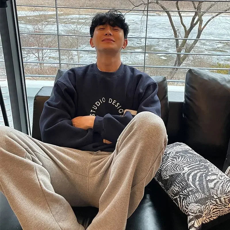 Cotton 2024 autumn and winter Korean style round neck sweatshirt men trendy brand handsome ins loose letter print top jacket emo Street King Limited