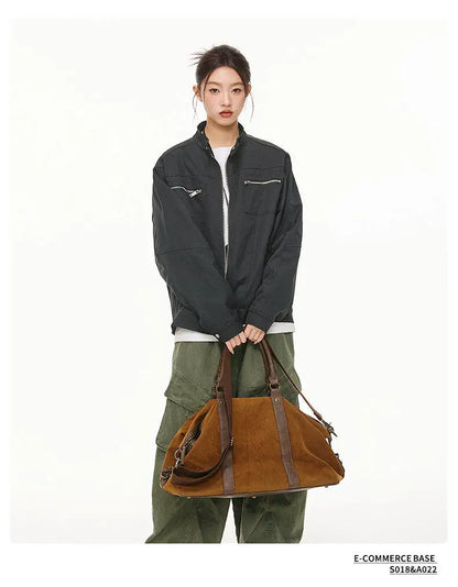 men retro casual stand collar streetwear fashion loose lightweight short motorcycle jacket women spring autumn coat outerwear unique shorts style 414