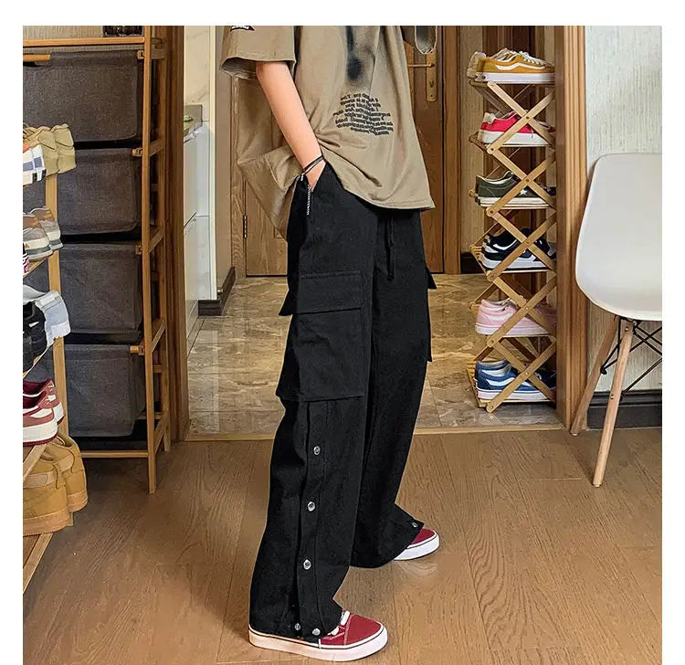 Fashionable Korean style gothic buttoned overalls pants men summer Harajuku street y2k hip hop casual retro sports pants Street King Limited