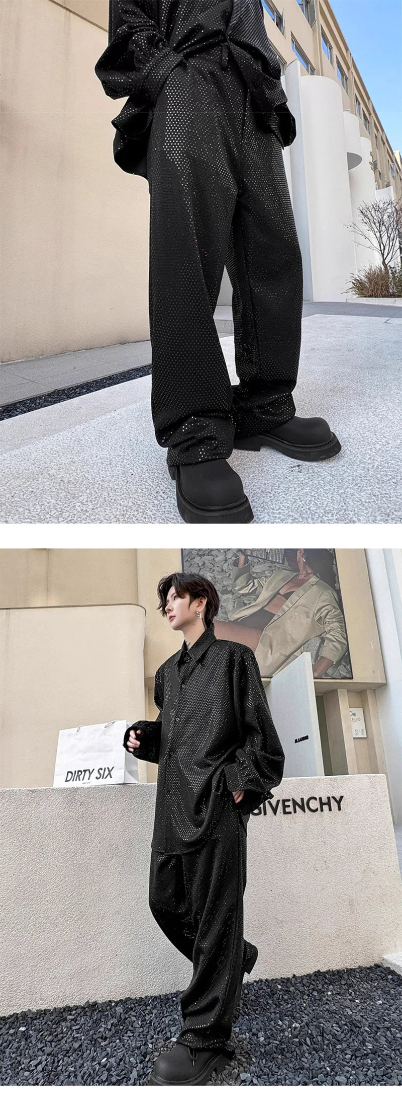 mens sequin 2 piece sets loose casual long sleeve shirt pant stage fashion party show clothing dress shirts trousers costumes unique default style 2769