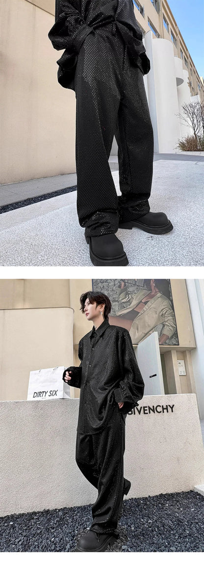 mens sequin 2 piece sets loose casual long sleeve shirt pant stage fashion party show clothing dress shirts trousers costumes unique default style 2769